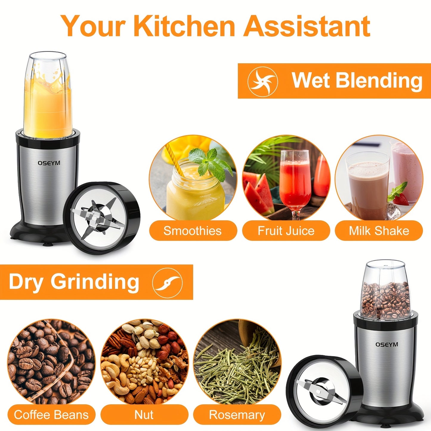 Portable Blender, Personal Size Blender for Shakes and Smoothies, Strong Cutting Power with Six Blades, 2*17Oz Juicer Cup for Sports, Travel