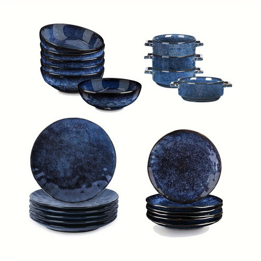 vicrays 22-Piece Ceramic Dinnerware Set, Ceramic Dinner Plates Salad Plates Bowls Set - Microwave Oven and Dishwasher Safe - Scratch Resistant - Suitable for Home Party Restaurant(Blue)