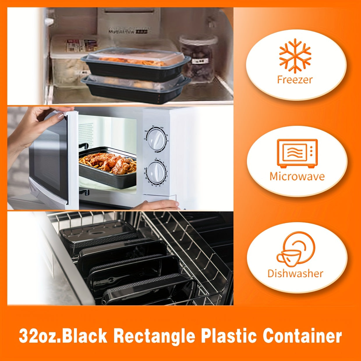 [50Pcs 32oz] Black Rectangular Food Storage Container, Meal Prep Containers with Lids, Disposable Plastic To Go Containers, Bento Box, Stackable, Leak-Proof, BPA-Free, Microwave Safe, Dishwasher Safe, Kitchen Organizers and S