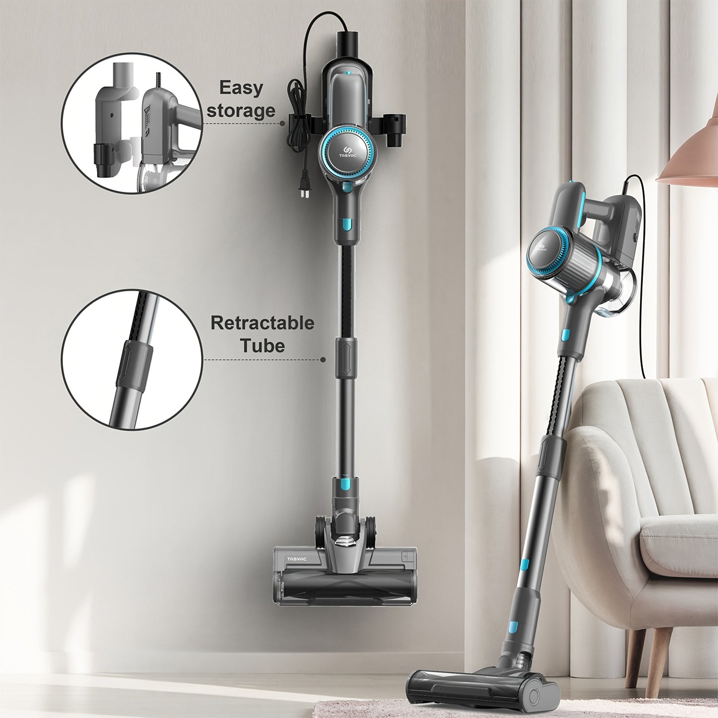 TASVAC Corded Stick Vacuum, 26Kpa 600W Powerful Suction Vacuum Cleaner with LED Floor Head, Lightweight Corded Handheld Vac for Carpet Hard Floor Pet Hair