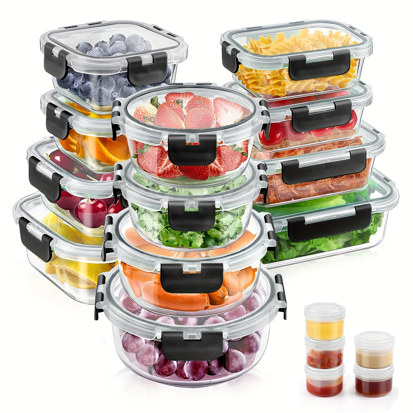 34-piece set of glass food storage containers with lids, airtight glass meal prep containers (17 containers and 17 lids), leak-proof lunch containers BPA-free, microwave, oven, freezer, dishwasher safe, black