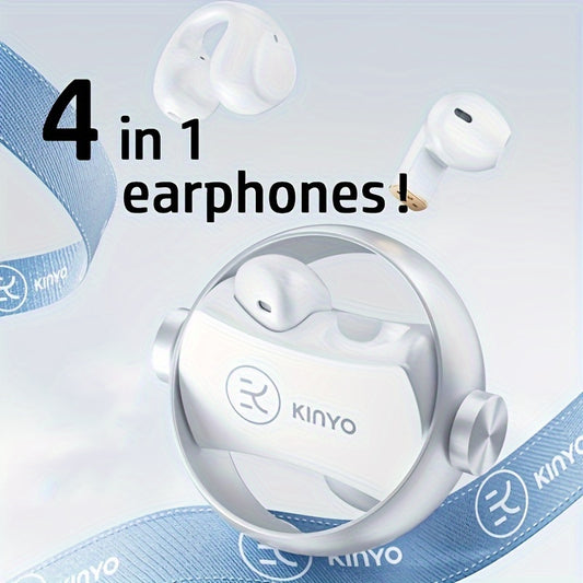 Kinglucky 4 in 1 Wireless Earbuds: Up to 76 Hours Playback, True Wireless Stereo, 360° Spatial Audio, 2 Pairs, Built-in Mic, Premium Bass, Adult Use, Open Ear Design, Compatible with Phones, Capacitive Mic, Polymer Li-Po Bat