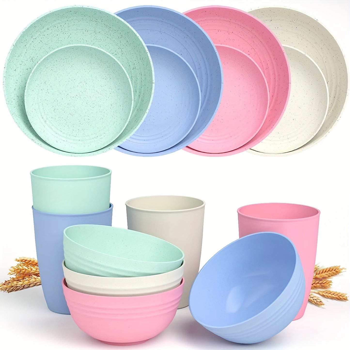 16pcs Unbreakable Wheat Straw Dinnerware Sets, Lightweight Plates Cups And Bowls Sets, Dishwasher Microwave Safe, For RV Outdoor Camping
