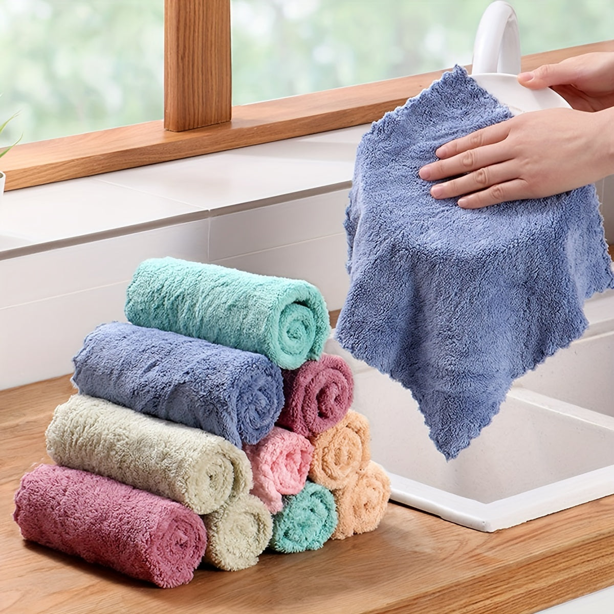 5/10pcs, Solid Color Dishcloth, Household Thickened Kitchen Dish Cloth, Super-absorbent Dish Towel, Cleaning Special, Bamboo Fiber, Absorbent, Does Not Fall Off, Does Not Stick To Oil, Cleaning Supplies