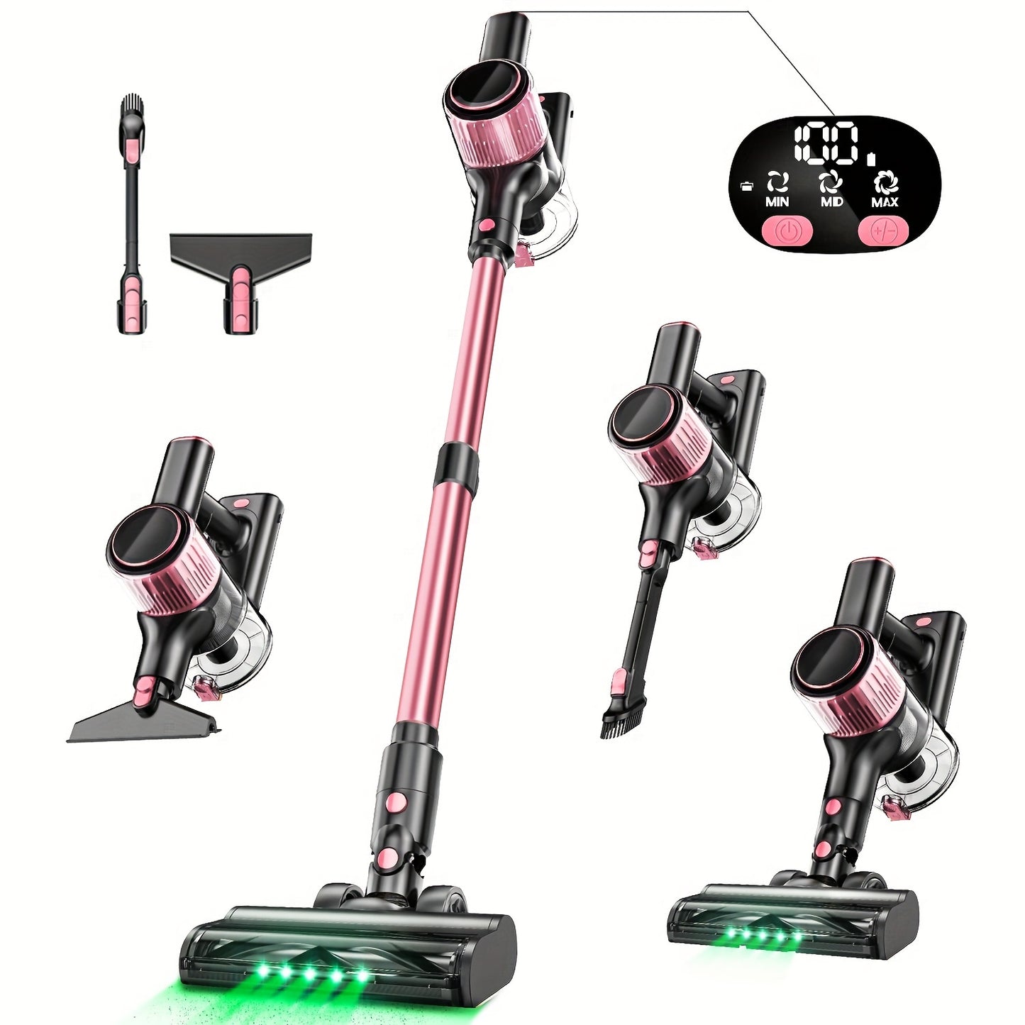 Cordless Vacuum Cleaner, 30Kpa 8 In 1 Lightweight Stick Vacuum With Sofa Brush, High-speed Motor, Anti-Tangle Brush With Green Light, 40mins Runtime Rechargeable Vacuums For Hardwood Floor, Carpet, Pet Hair, Pink