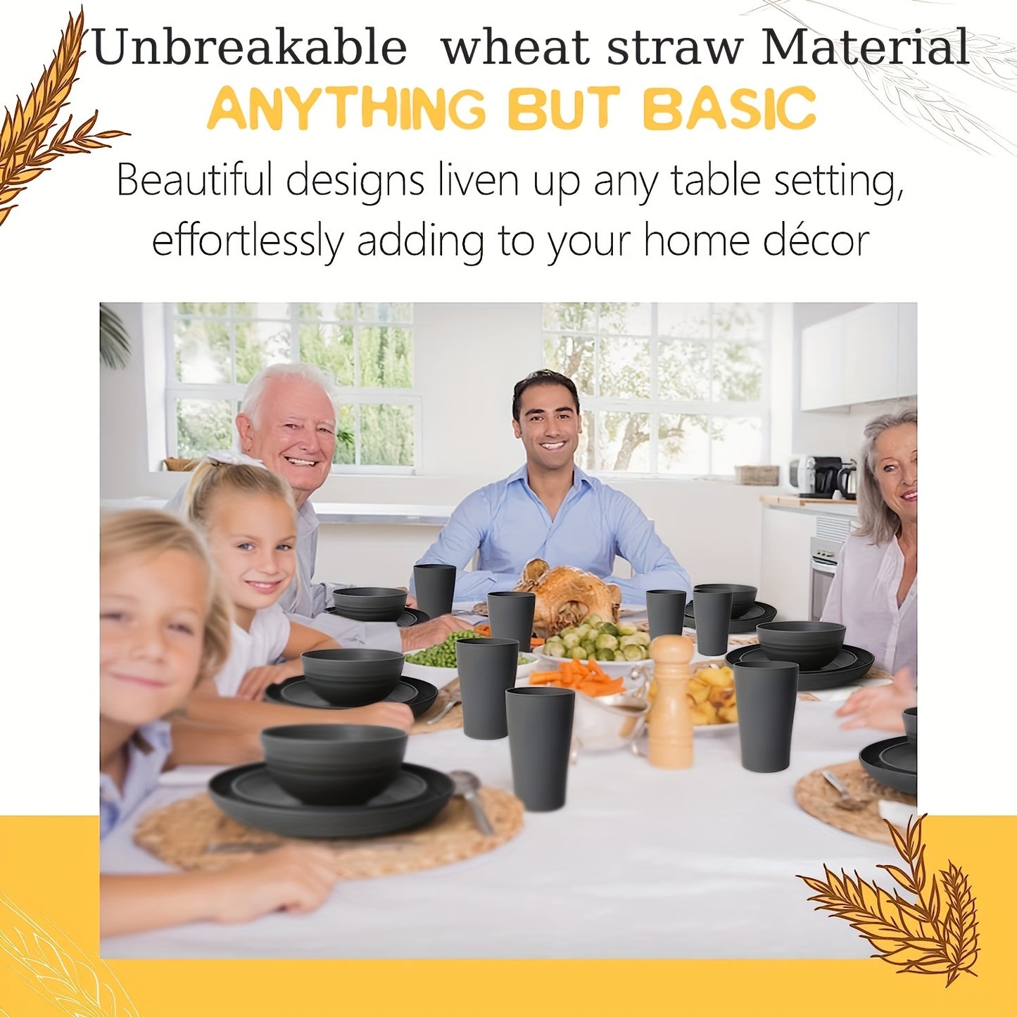 32Pcs Wheat Straw Dinnerware Sets, Lightweight Plates and Bowls Set, Plastic Reusable Plates, Microwave Dishwasher Safe, Reusable Dinnerware, Black Set 8 Dinner Plates, 8 Dessert Plate, 8 Cereal Bowls, 8 Cups.