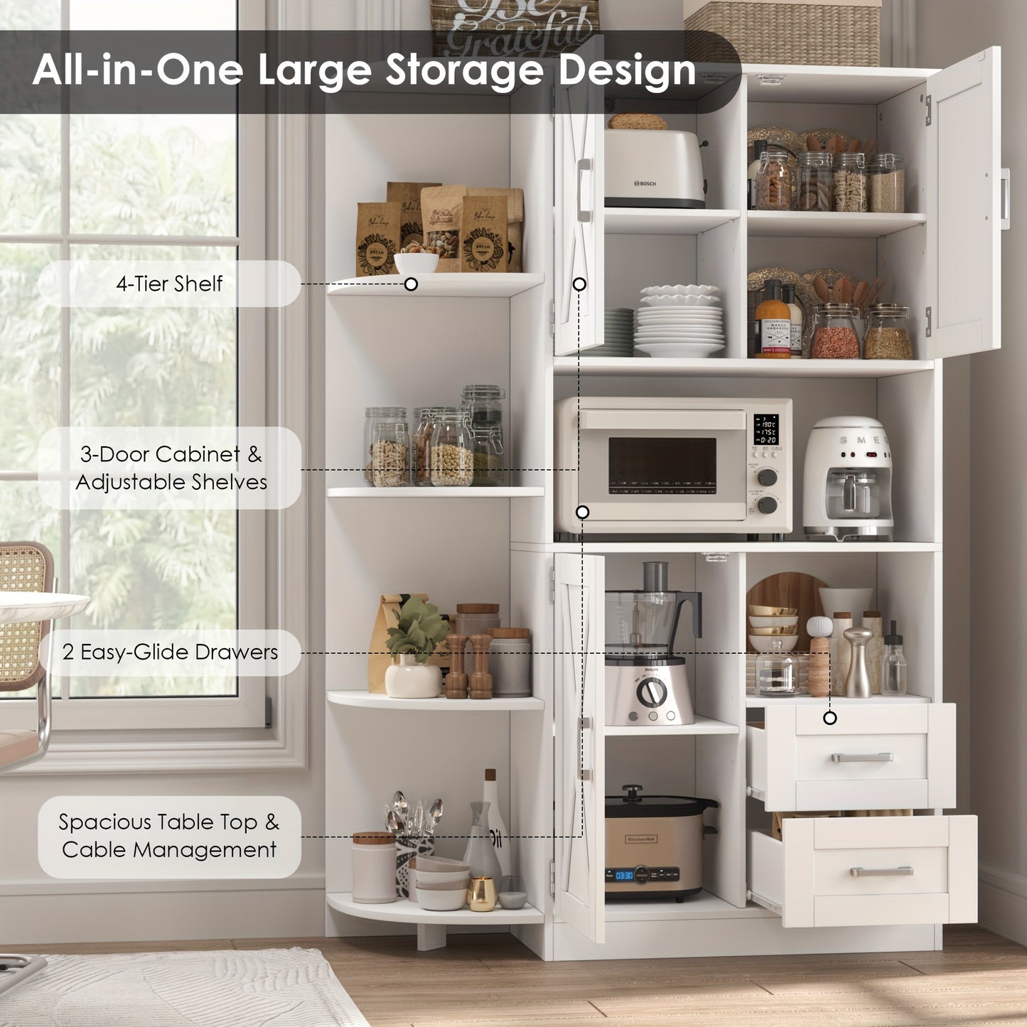 FULTRU 60.4" Farmhouse Kitchen Pantry Storage Cabinet, Freestanding Hutch with Doors & Shelves, Buffet Sideboard with Microwave Stand, Coffee Bar with Drawers, Cupboard for Dining Room, Rustic Brown