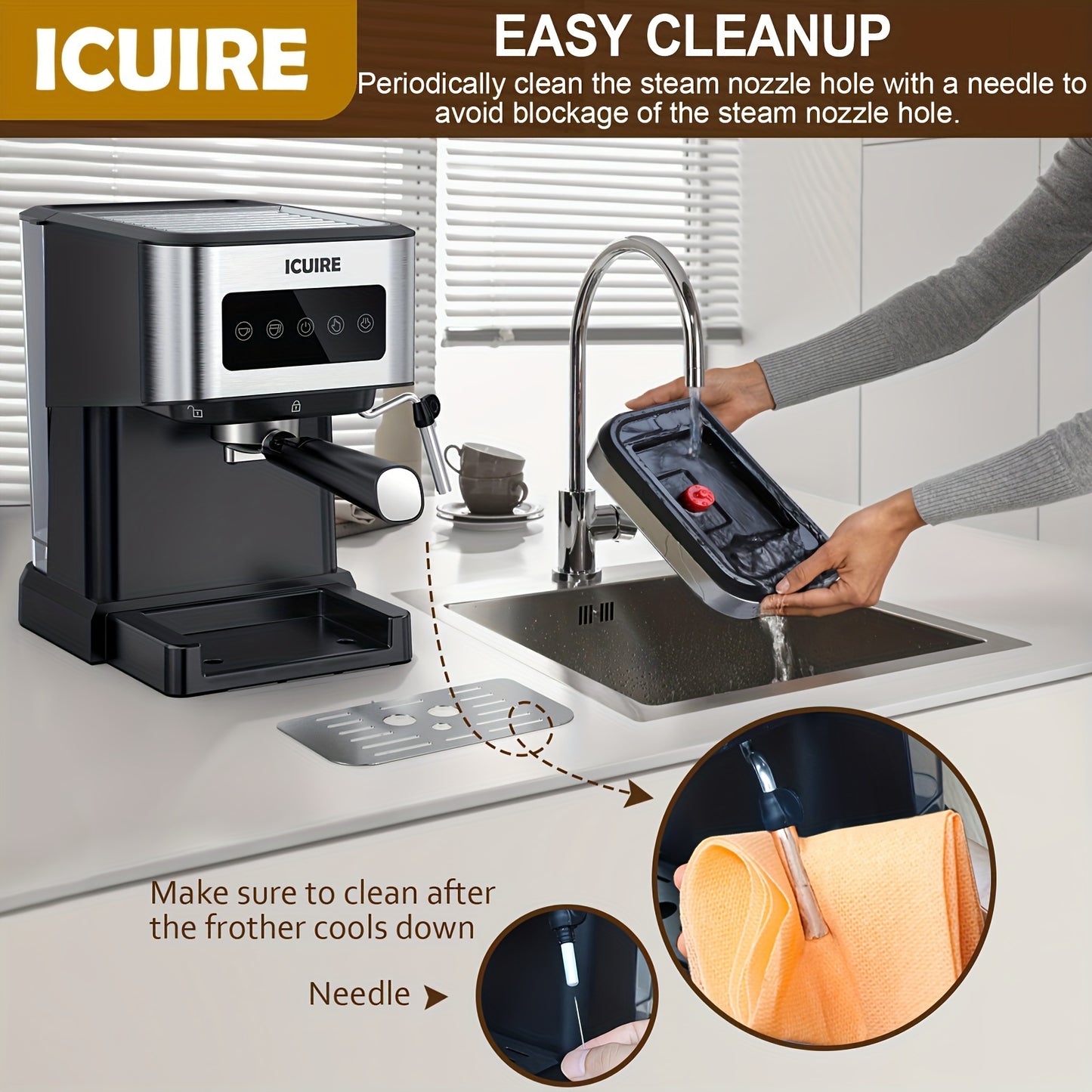 ICUIRE Espresso Machine with Milk Frother, Free milk bubble cup, 20 Bar Pump Pressure Coffee Machine, 1.5L/50oz Removable Water Tank, 1050W Semi-Automatic Espresso/Latte/Cappuccino Machines for Home Barista, Office, kitchen A