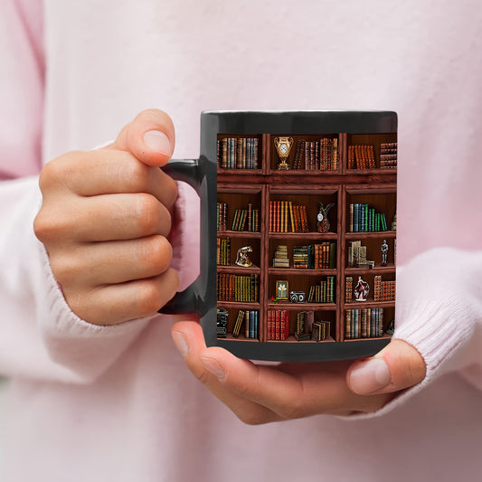 1pc, Bookworm's Delight Mug - Library Bookshelf Coffee Mug for Book Lovers - 11oz/15oz, Black, Ceramic, Dishwasher and Microwave Safe, Unique Bookish Gifts for Readers and Librarians