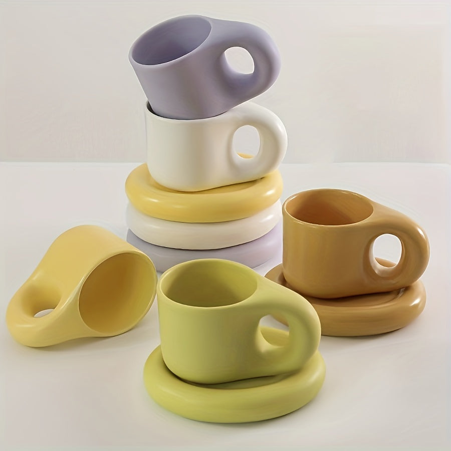 1set Chubby Mug Saucer Set - Creative, Cute, Fat Handle, 10 Oz, Dishwasher and Microwave Safe, Perfect for Latte, Tea, Milk, Halloween Gift, Birthday Gift, Aesthetic Room Decor, Art Supplies, Summer and Winter Drinkware