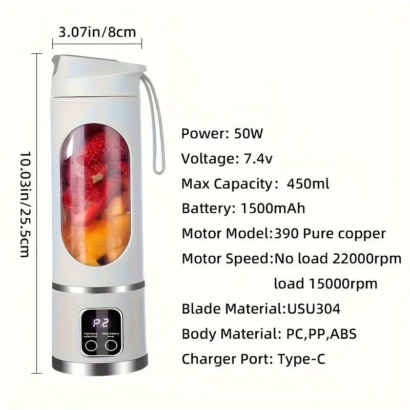 Portable USB Rechargeable Blender with LED Display - 15.22oz, Ideal for Smoothies & Fresh Juice, Compact Design for On-the-Go Nutrition