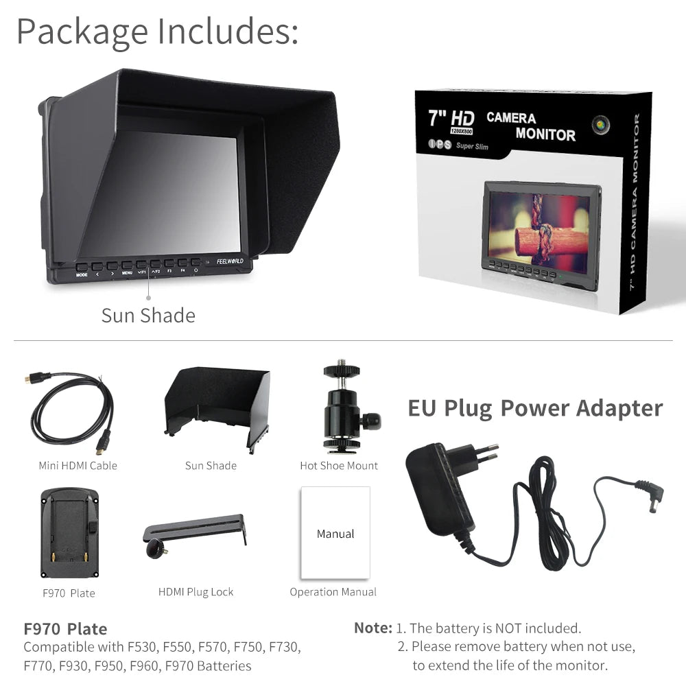 Feelworld FW759 7 Inch IPS 1280x800 Camera Field DSLR Video Monitor with Peaking Focus HD 7" LCD Monitor for BMPCC Canon Sony