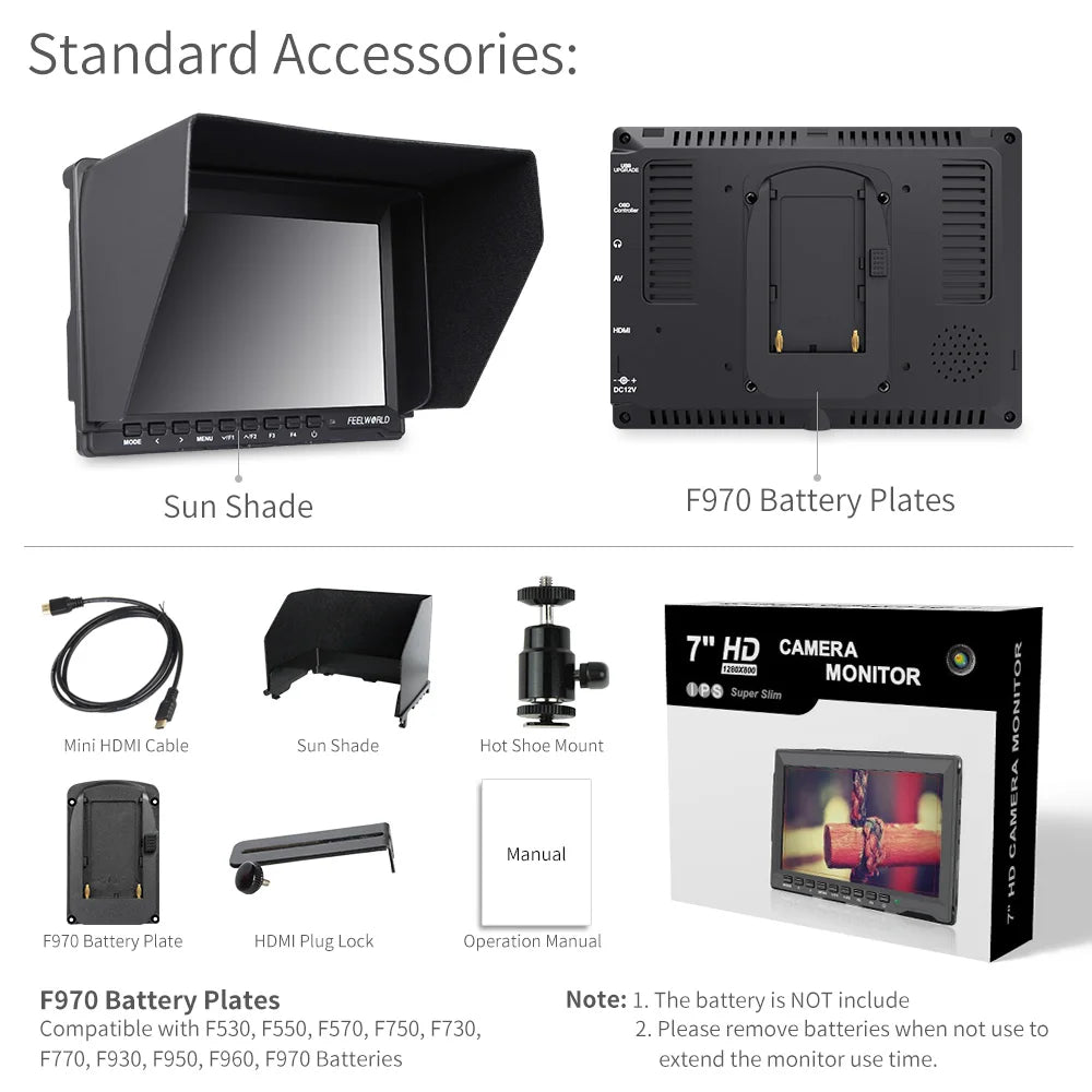 Feelworld FW759 7 Inch IPS 1280x800 Camera Field DSLR Video Monitor with Peaking Focus HD 7" LCD Monitor for BMPCC Canon Sony