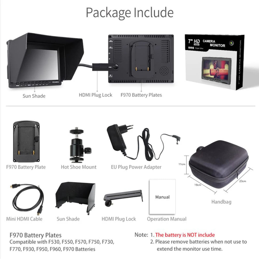 Feelworld FW759 7 Inch IPS 1280x800 Camera Field DSLR Video Monitor with Peaking Focus HD 7" LCD Monitor for BMPCC Canon Sony