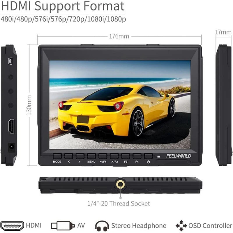 Feelworld FW759 7 Inch IPS 1280x800 Camera Field DSLR Video Monitor with Peaking Focus HD 7" LCD Monitor for BMPCC Canon Sony