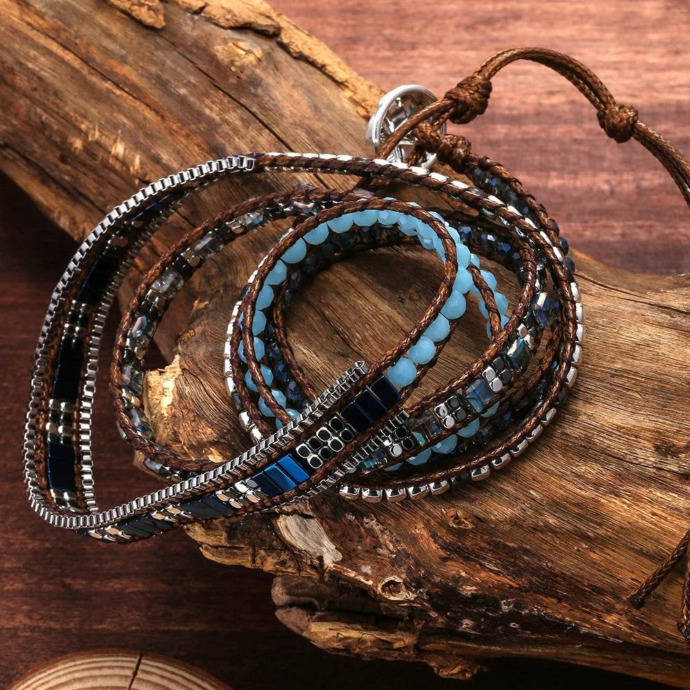 Men and Women 4mm Bead Blue Adjustable Bohemian Crystal Healing Wrap Statement Bead Bracelet - findify 2025