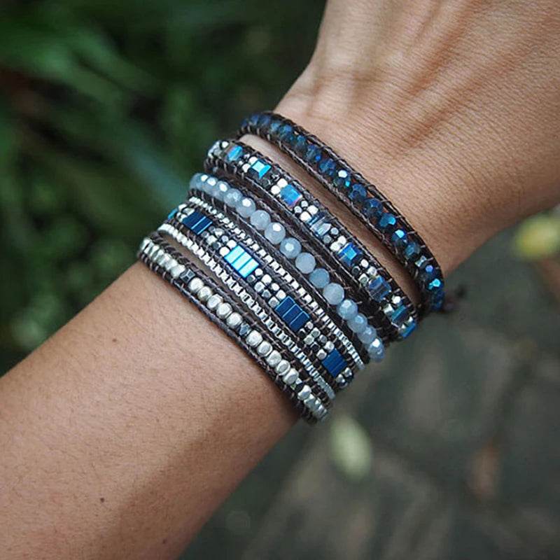 Men and Women 4mm Bead Blue Adjustable Bohemian Crystal Healing Wrap Statement Bead Bracelet - findify 2025