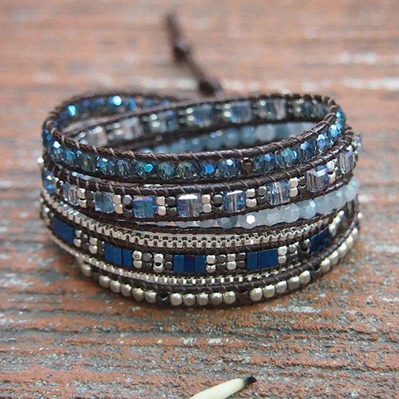 Men and Women 4mm Bead Blue Adjustable Bohemian Crystal Healing Wrap Statement Bead Bracelet - findify 2025