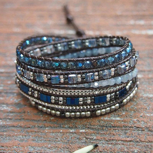 Men and Women 4mm Bead Blue Adjustable Bohemian Crystal Healing Wrap Statement Bead Bracelet - findify 2025
