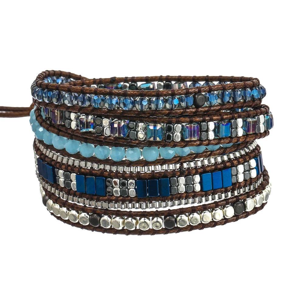 Men and Women 4mm Bead Blue Adjustable Bohemian Crystal Healing Wrap Statement Bead Bracelet - findify 2025