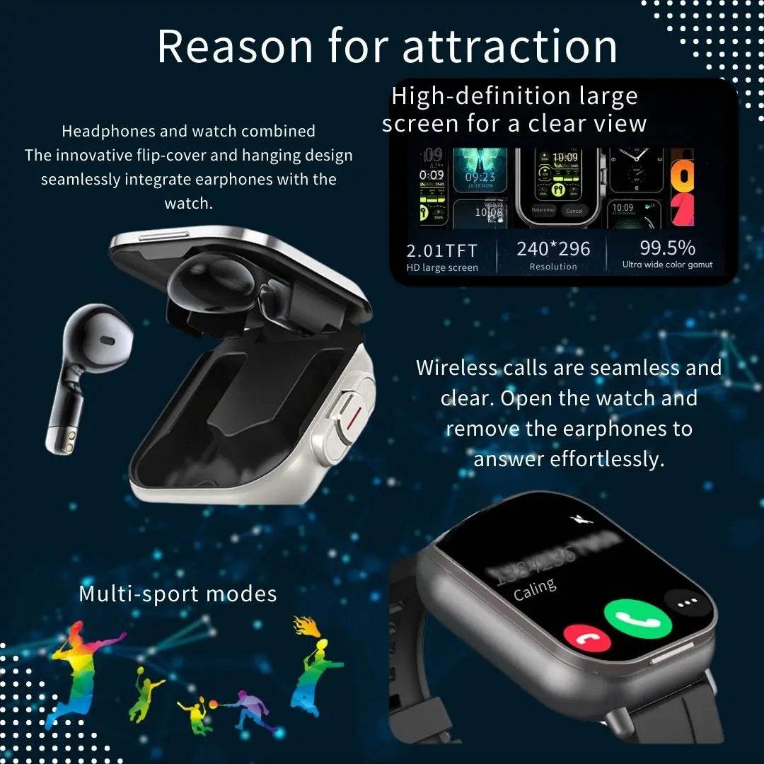 2 in 1 Built-in Smartwatch with Earphone Multi-Sport NFC Call Smart Watch with Earbuds Headphone for iPhone Android Smartphone - findify 2025