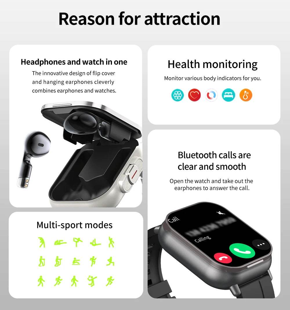 2 in 1 Built-in Smartwatch with Earphone Multi-Sport NFC Call Smart Watch with Earbuds Headphone for iPhone Android Smartphone - findify 2025