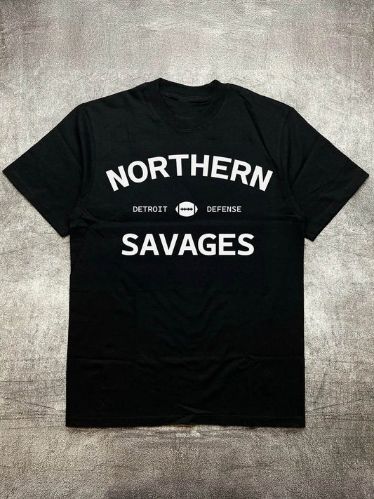 Men's Heat Transfer Print Cotton Round Neck Short Sleeve T-Shirt - Football Defense Theme Slogan Design, Black 200g - findify 2025