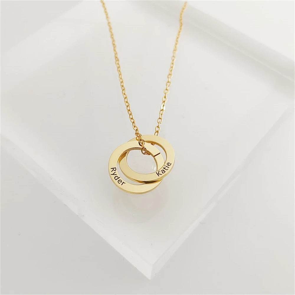 Engraved Childrens Name Linked Circle Necklace Custom Russian Ring Interlocking Round Necklaces Personalized Thanksgiving Gift - findify 2025