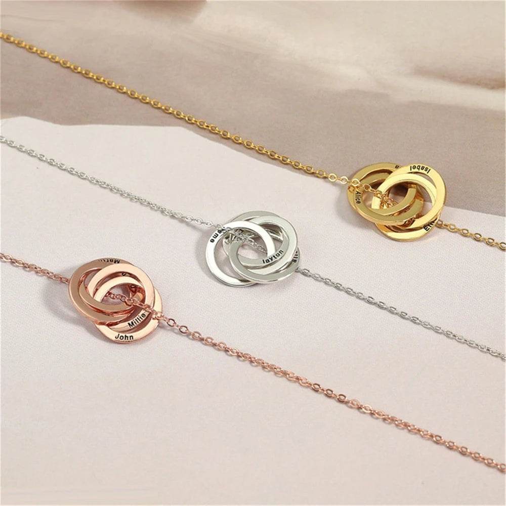 Engraved Childrens Name Linked Circle Necklace Custom Russian Ring Interlocking Round Necklaces Personalized Thanksgiving Gift - findify 2025