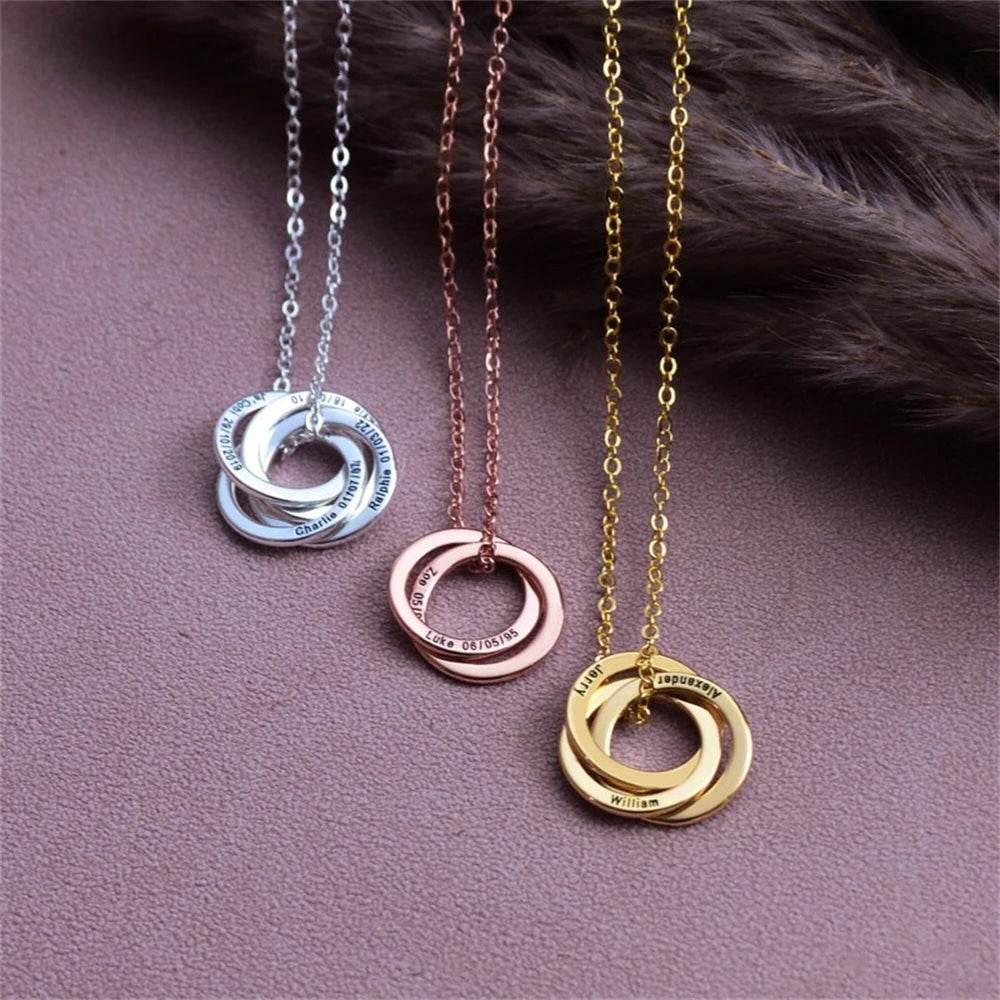 Engraved Childrens Name Linked Circle Necklace Custom Russian Ring Interlocking Round Necklaces Personalized Thanksgiving Gift - findify 2025