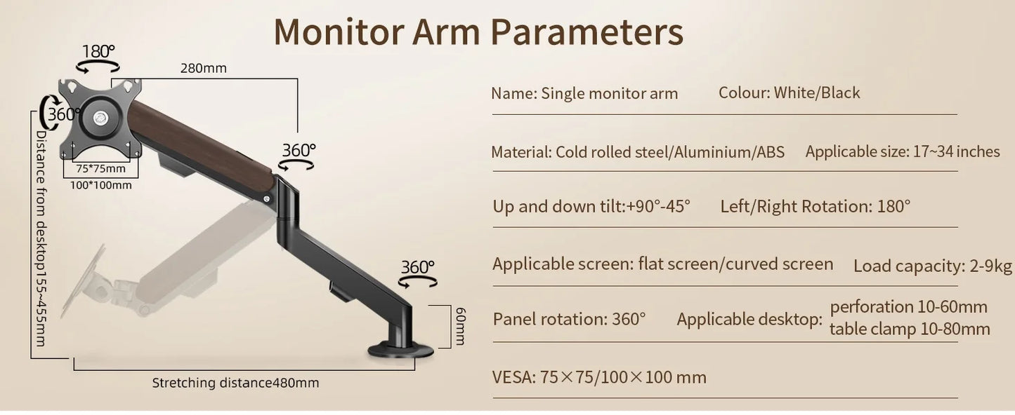 HILLPORT 17-34" Desktop Monitor Arm Holder Gas Spring Full Motion Mount Strut LCD LED TV Bracket Stand PC Soport Support M5
