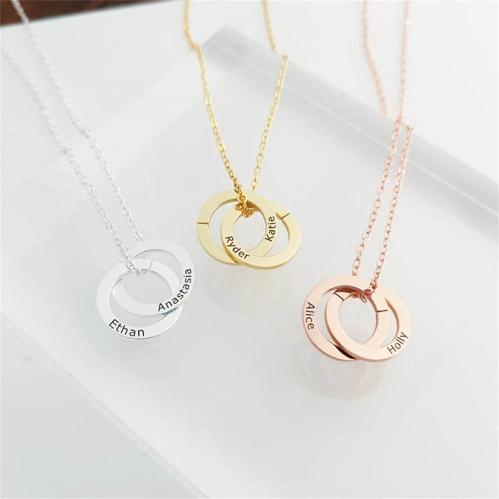 Engraved Childrens Name Linked Circle Necklace Custom Russian Ring Interlocking Round Necklaces Personalized Thanksgiving Gift - findify 2025