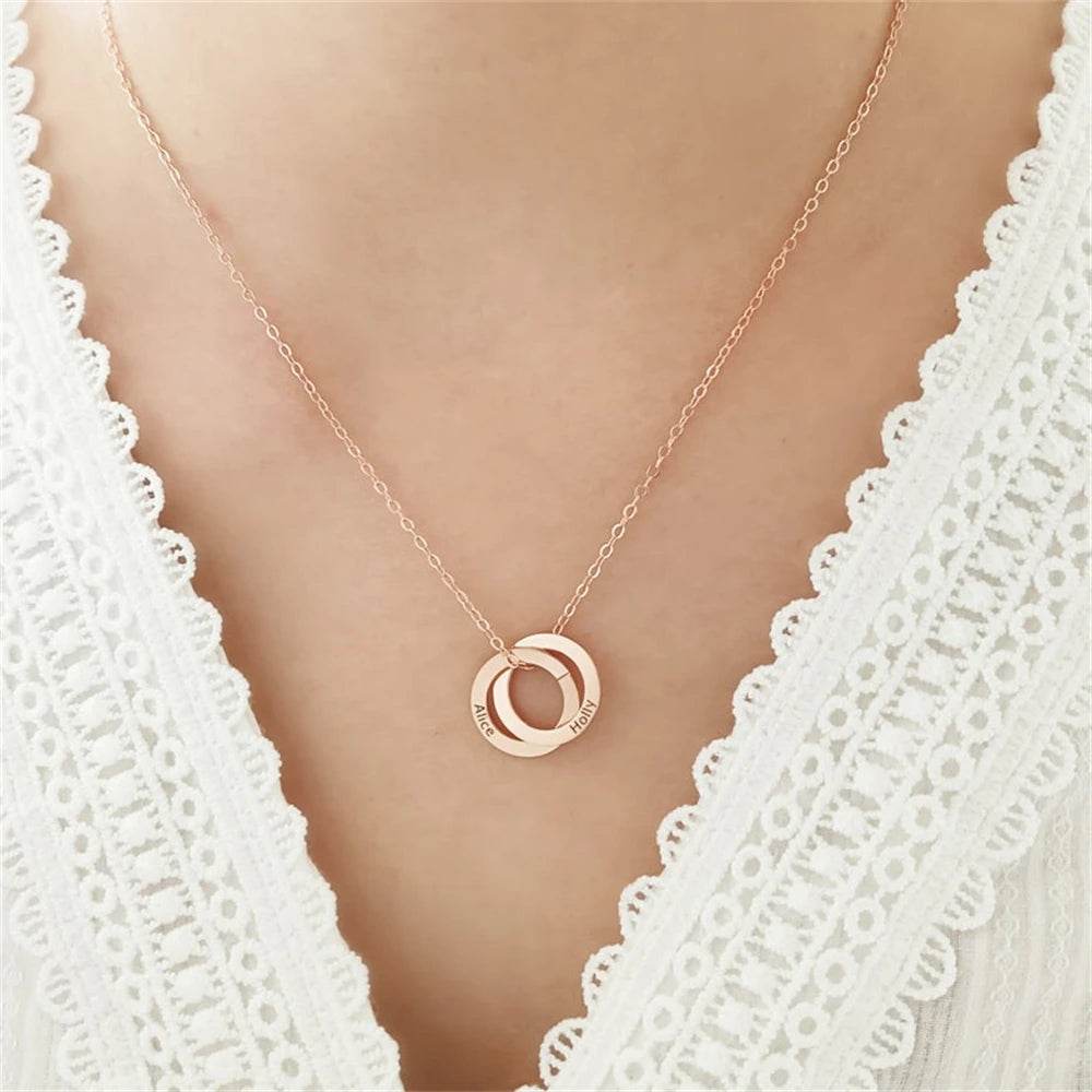 Engraved Childrens Name Linked Circle Necklace Custom Russian Ring Interlocking Round Necklaces Personalized Thanksgiving Gift - findify 2025