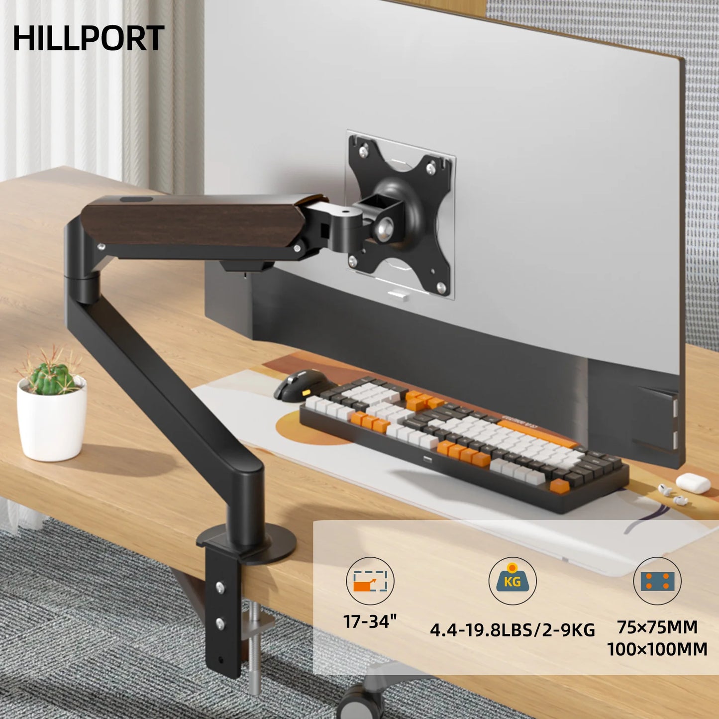 HILLPORT 17-34" Desktop Monitor Arm Holder Gas Spring Full Motion Mount Strut LCD LED TV Bracket Stand PC Soport Support M5