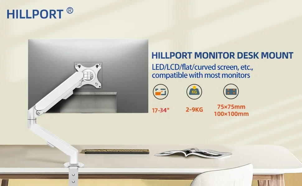 HILLPORT 17-34" Desktop Monitor Arm Holder Gas Spring Full Motion Mount Strut LCD LED TV Bracket Stand PC Soport Support M5