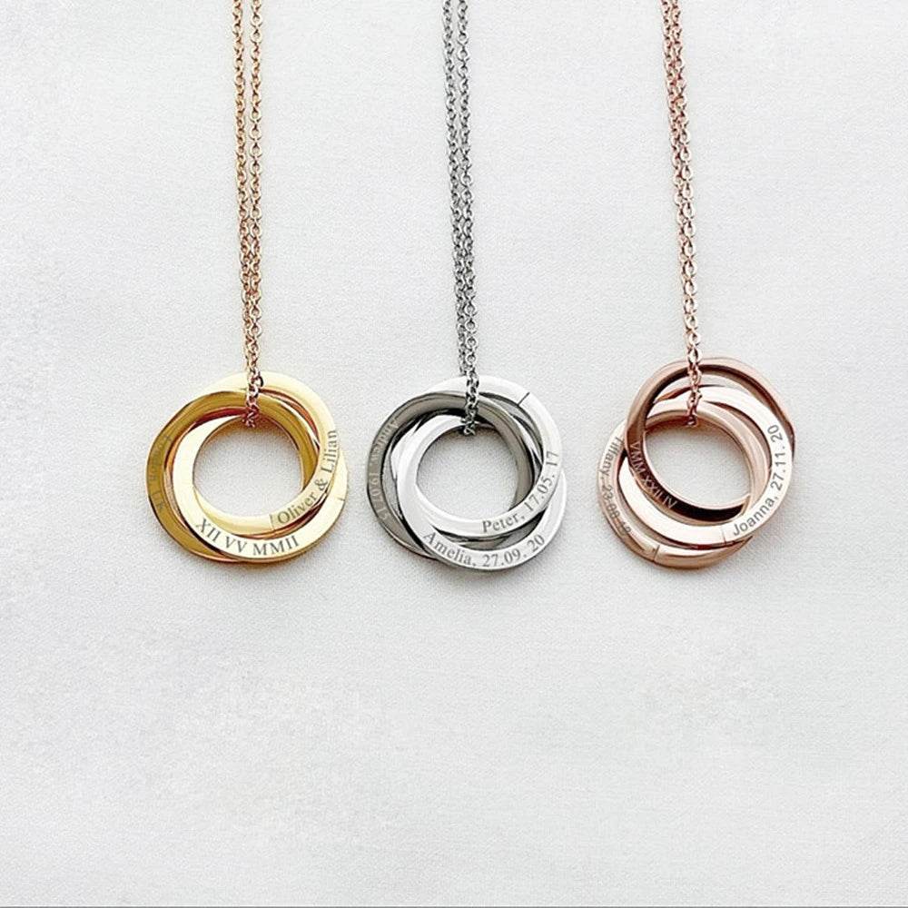 Engraved Childrens Name Linked Circle Necklace Custom Russian Ring Interlocking Round Necklaces Personalized Thanksgiving Gift - findify 2025