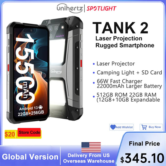 Unihertz 8849 Tank 2 Projector Rugged 22GB RAM 256GB ROM 108MP Camping Light 64MP Super Night Vision G99 15500mAh Support SD TF