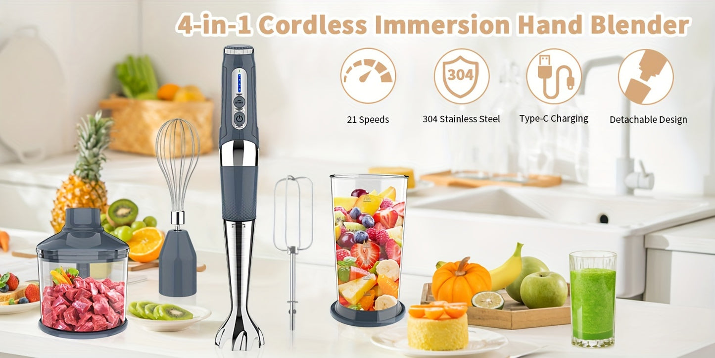 Cordless Immersion Blender, 4-in-1 Rechargeable Electric Hand Blender, 21-Speeds & 3-Angle Adjustable With 23.67oz Chopper, 23.67oz Beaker, Egg Whisk And Beater For Smoothies, Soup, Baby Food (Grey)