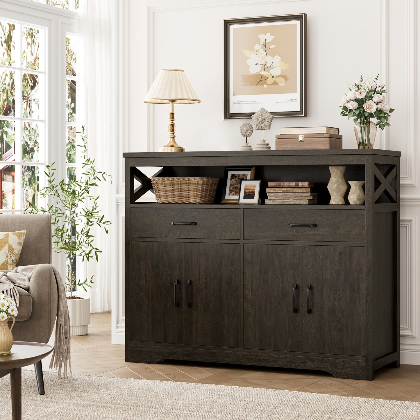 FULTRU 47" Modern Farmhouse Sideboard Buffet Cabinet, Wood Buffet Storage Cabinet with Drawers & Shelves, Large Coffee Bar Cabinet with Storage, Microwave Stand for Kitchen, Dining Room, Dark Brown, White + Rustic Brown, Whit