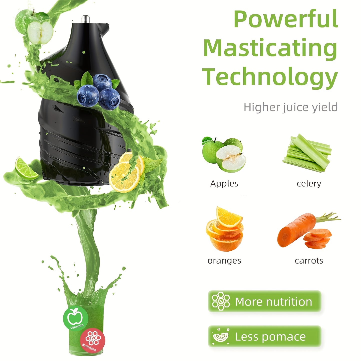 BPA FREE Wide Chute BioloMix Slow Masticating Juicer, Cold Press Juicer Blender Fit Whole Fruit and Vegetable