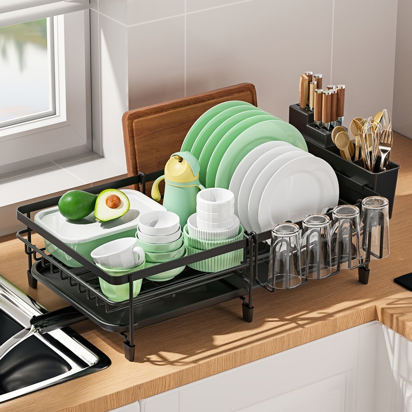 1pc Large Dish Drying Rack, Extendable Dish Rack, Multifunctional Dish Rack For Kitchen Counter, Anti-Rust Drying Dish Rack With Cutlery & Cup Holders, Home Kitchen Accessories