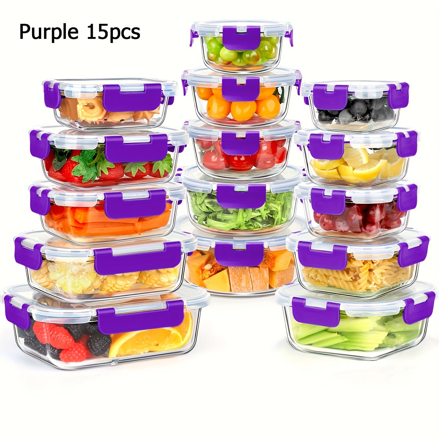 15pcs Glass Food Storage Containers with Snap Locking Lids Glass Meal Prep Containers Set - Airtight Lunch Containers, Microwave, Oven, Freezer and Dishwasher