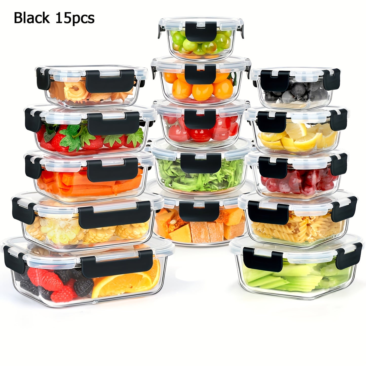 15pcs Glass Food Storage Containers with Snap Locking Lids Glass Meal Prep Containers Set - Airtight Lunch Containers, Microwave, Oven, Freezer and Dishwasher