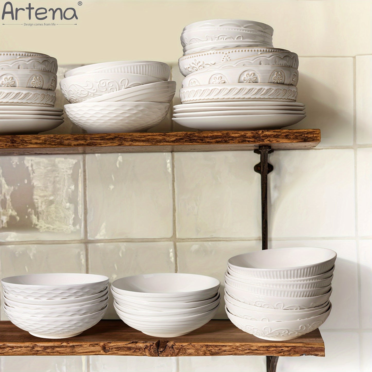 Large Ceramic 4pcs Artena Pasta Bowls - 32oz/35oz, 7.9''/8'' Embossed Soup Bowls - White Serving Bowls for Entertaining, Microwave Dishwasher Oven Safe
