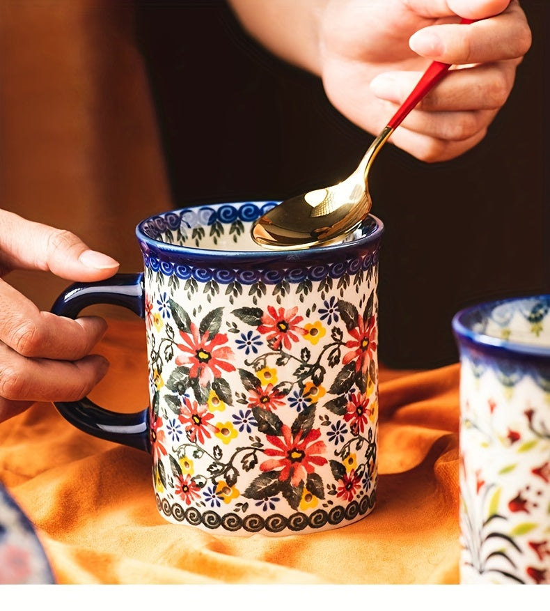 Hand-Painted Floral Ceramic Coffee Mug with Handle - Microwave Safe, Insulated for Hot & Cold Drinks, Perfect for Summer & Winter Beverages, Ideal Gift for Christmas, Weddings, Birthdays, Valentine's Day
