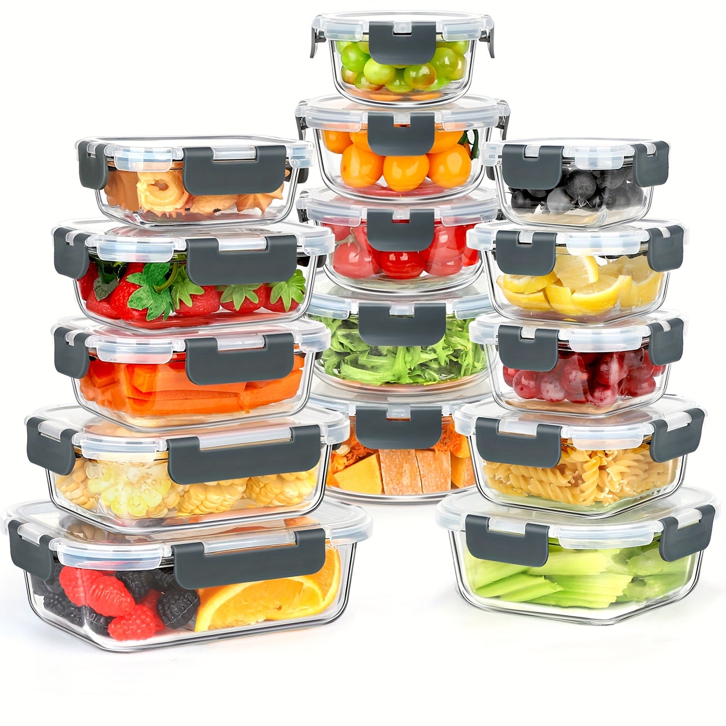 15pcs Glass Food Storage Containers with Snap Locking Lids Glass Meal Prep Containers Set - Airtight Lunch Containers, Microwave, Oven, Freezer and Dishwasher