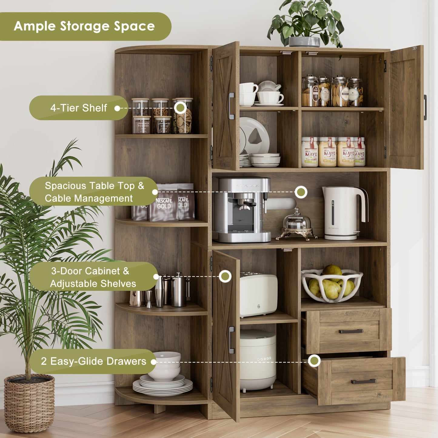 FULTRU 60.4" Farmhouse Kitchen Pantry Storage Cabinet, Freestanding Hutch with Doors & Shelves, Buffet Sideboard with Microwave Stand, Coffee Bar with Drawers, Cupboard for Dining Room, Rustic Brown