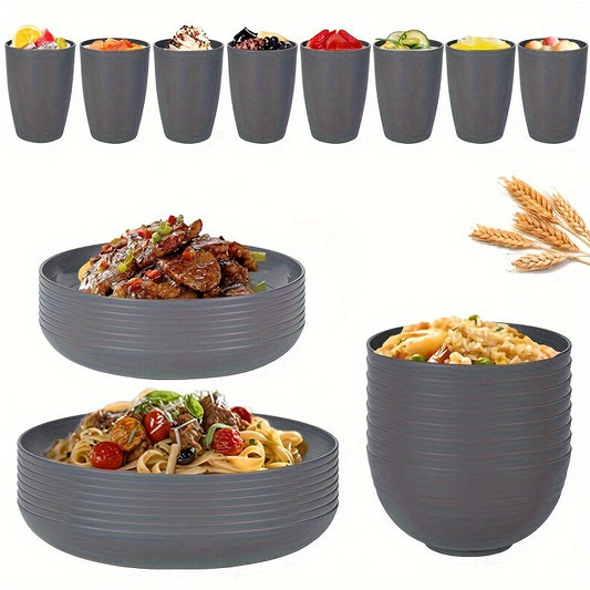 A 32pcs Gray Wheat Dinnerware Set, Durable Black Design, Safe for Microwave And Dishwasher. Includes 16 Plates, 8 Bowls, And 8 Cups, Suitable for Indoor And Outdoor Camping And Picnics.