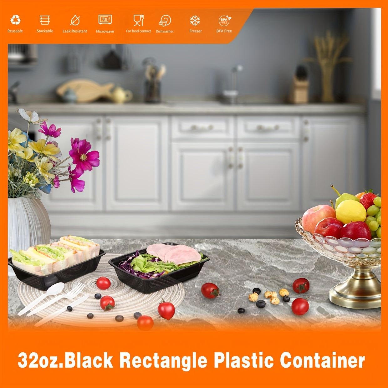 [50Pcs 32oz] Black Rectangular Food Storage Container, Meal Prep Containers with Lids, Disposable Plastic To Go Containers, Bento Box, Stackable, Leak-Proof, BPA-Free, Microwave Safe, Dishwasher Safe, Kitchen Organizers and S