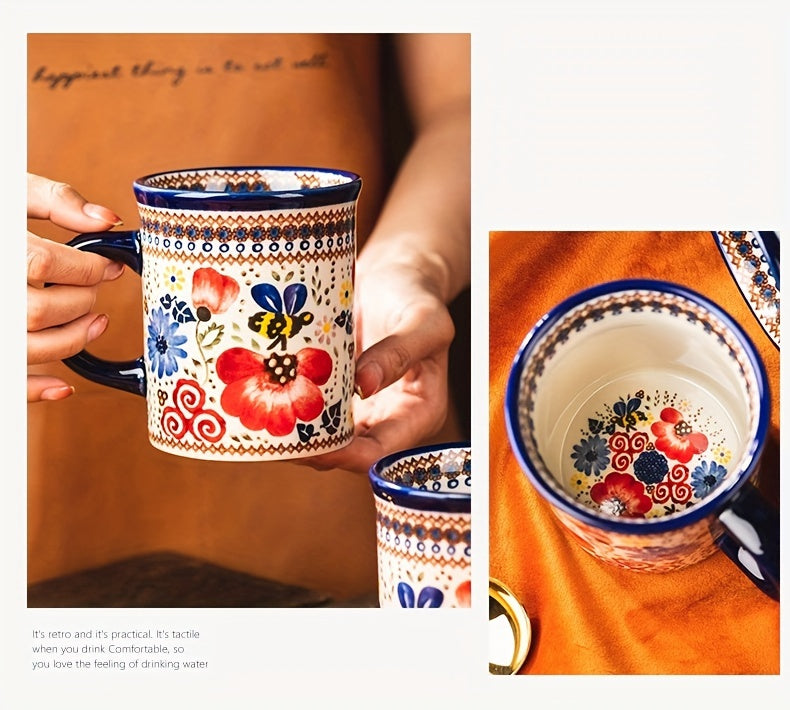 Hand-Painted Floral Ceramic Coffee Mug with Handle - Microwave Safe, Insulated for Hot & Cold Drinks, Perfect for Summer & Winter Beverages, Ideal Gift for Christmas, Weddings, Birthdays, Valentine's Day